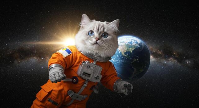 A feline astronaut floating in outer space with planet earth and a bright star in the background photo