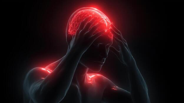 Man holding head with glowing red brain and shoulders on a dark background illustration photo