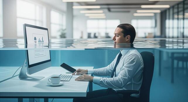 Man working at desk in flooded office with computer and coffee cup visible above the water line photo