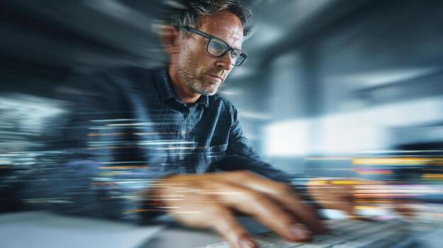 Man with glasses typing on a keyboard with motion blur effect in a modern office setting look down photo