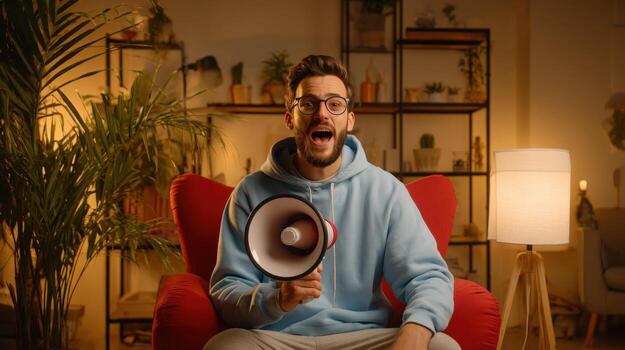Man in blue hoodie shouts into megaphone while sitting in a red chair in a living room setting photo