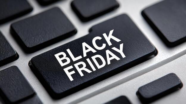 A close up of a keyboard with a black friday key showing the holiday sale event promotion time photo