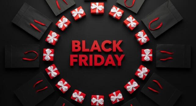 Overhead view of black friday text with gifts and shopping bags in a circular arrangement on black photo