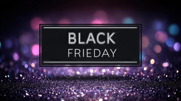 un negro viernes firmar con un oscuro antecedentes y púrpura Brillantina en el primer plano y bokeh luces foto