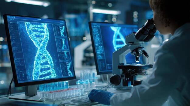A scientist examines a DNA model under a microscope in a lab setting. photo