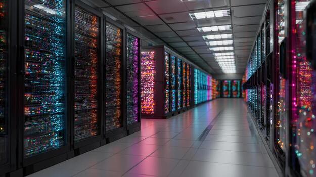 Inside a modern data center with rows of colorful servers. photo