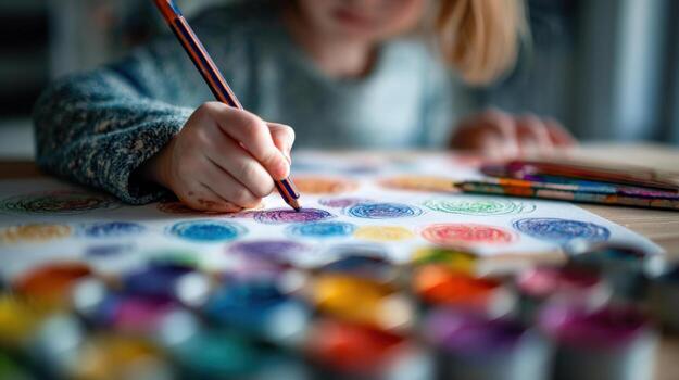 Young child drawing and coloring colorful circles with pencils photo