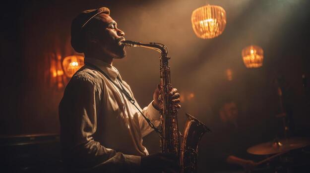 Saxophonist in a dimly lit jazz club, creating a captivating musical moment. photo