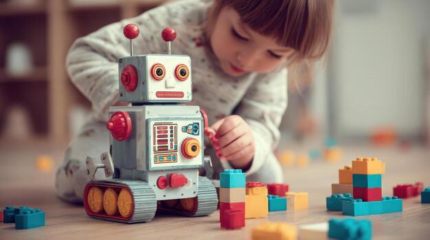 A young girl happily playing with a vintage toy robot and colorful building blocks. photo