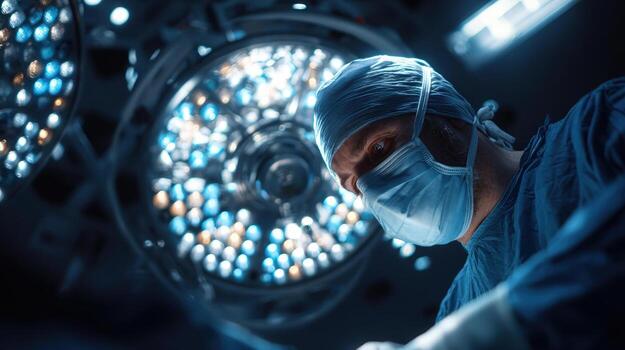 A surgeon in an operating room is performing a complex medical procedure under bright lights. photo