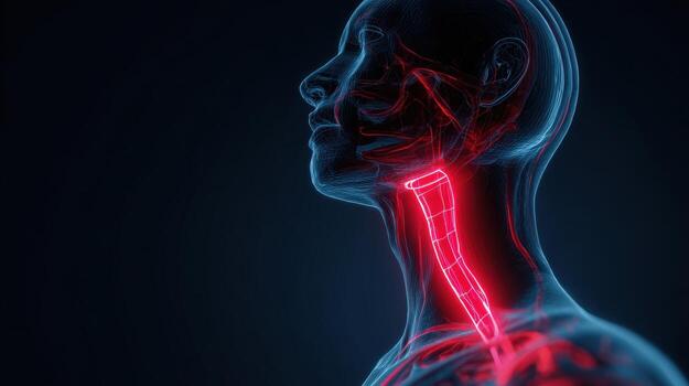 A detailed 3D rendering showcases the human trachea and throat anatomy with a glowing highlight. photo