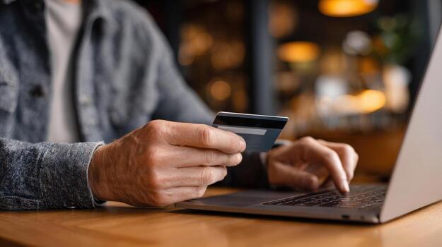 A person uses a credit card to make an online payment while working on their laptop in a cafe. photo
