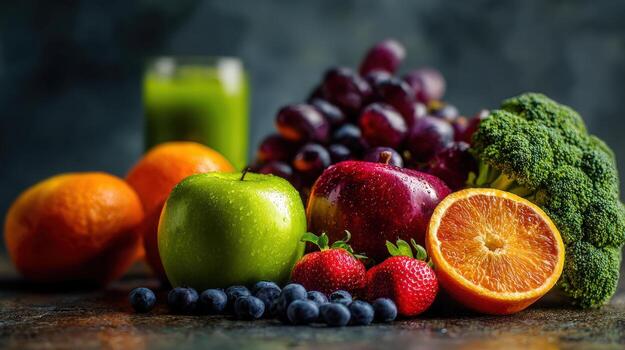 A colorful display of fresh fruits and vegetables, perfect for promoting health and wellness. photo