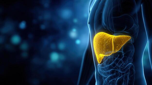 This image shows a 3D render of the human liver, a vital organ for health, with blue background. photo