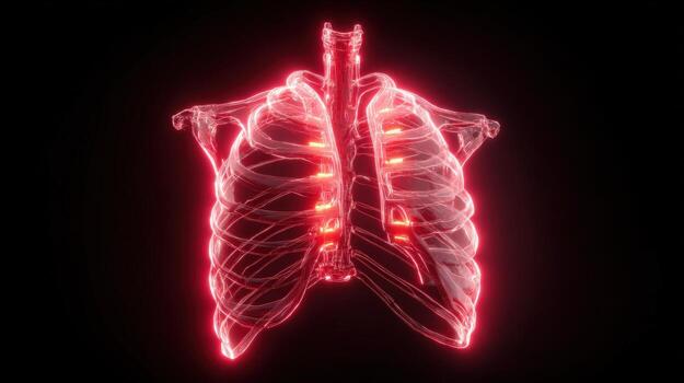 Stunning 3D render of a glowing red rib cage set against a black backdrop. photo