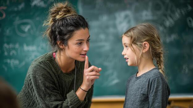 A teacher and student in a classroom setting, communicating and focusing. photo