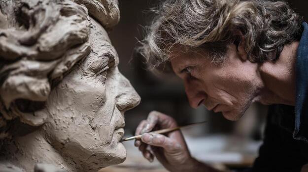 A sculptor delicately crafting a clay bust with focused precision in their studio. photo