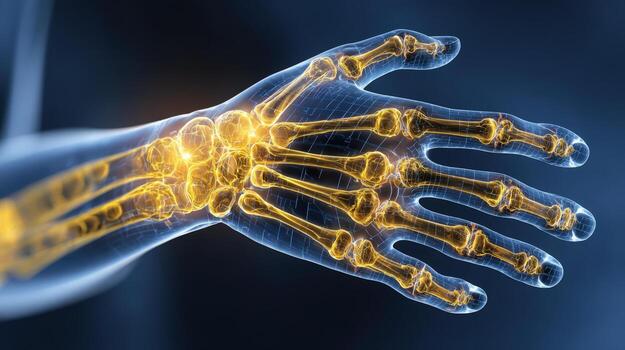 Detailed view of a human hand's skeletal structure, illuminated with golden highlights. photo