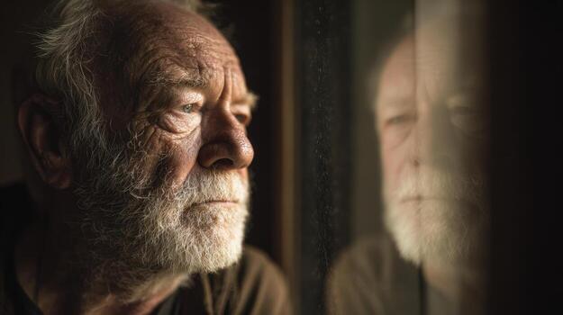 An elderly man with a reflective gaze is seen, looking out of a window in deep thought. photo