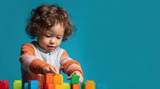 A cheerful toddler builds with colorful blocks, enjoying creative playtime and learning. photo