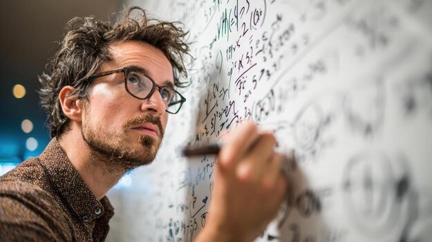 A thoughtful man writes mathematical equations on a whiteboard. photo