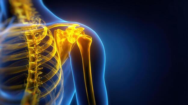 A detailed 3d rendering of the shoulder anatomy, highlighting bone structure. photo