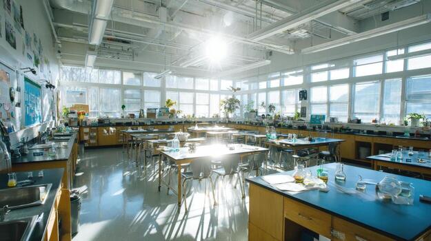 A well-lit science classroom with lab equipment ready for experiments and learning. photo