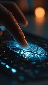 A finger touching a glowing blue fingerprint sensor for identification and security access control photo