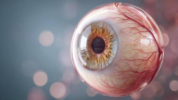 Detailed 3D rendering of a human eye, showcasing intricate anatomical details. photo