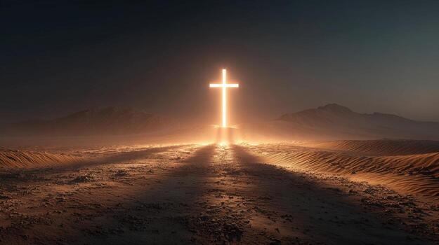 Glowing cross stands tall in a desolate landscape under a dark sky with distant mountains view photo