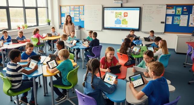 Students use tablets in a classroom while the teacher watches. photo