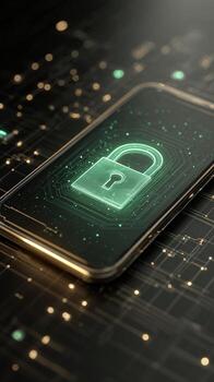 Illuminated padlock icon displayed on a smartphone screen with a digital background design element photo