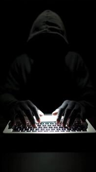 Person in a dark hood typing on a glowing laptop keyboard in a dark room with dark background photo