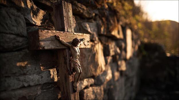Wooden crucifix with figure mounted on a stone wall during golden hour creating a serene atmosphere photo