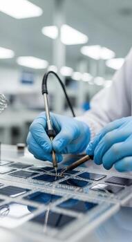 Person in lab coat using soldering iron on solar cells in a clear plastic tray holding the cells photo
