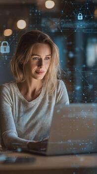 Woman using laptop with digital network and padlock icons overlaying the image at night time photo