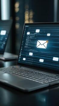 Close up of laptop screen with email icons displayed on the screen in a dark office setting photo