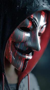 Person wearing a mask with binary code pattern under a hood in a dark setting with red lighting photo