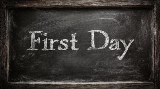 A chalkboard with the words First Day written in chalk. photo