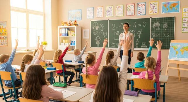 Happy students raise their hands to answer a question in a classroom during a lesson. photo