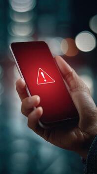 Person holding a smartphone displaying a red screen with a white warning symbol in their hand outside photo
