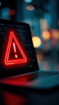 A laptop displaying a glowing red triangle warning symbol on the screen with blurred background lights photo