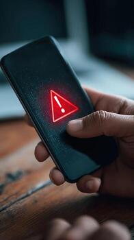 Person holding a phone displaying a red triangle warning symbol on the device screen alert message photo