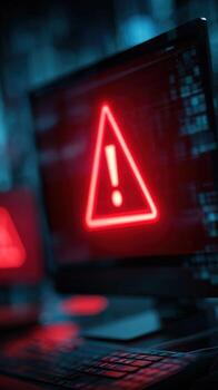 A computer screen displaying a red warning sign with a keyboard in the foreground on a dark surface photo