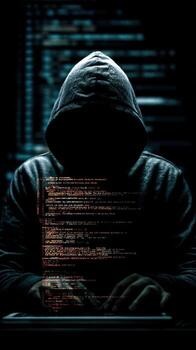 persona en un capucha mecanografía en un ordenador portátil con código superpuesto en un oscuro habitación con un pantalla detrás ellos foto