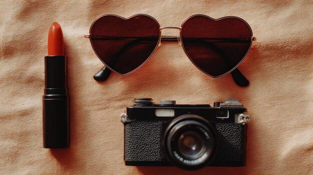 Aesthetic flat lay featuring heart-shaped sunglasses and a retro camera. photo
