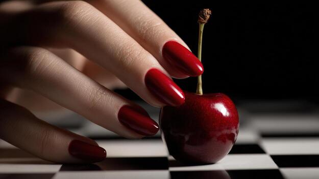 A hand with red nails holding a ripe cherry on a checkered table photo