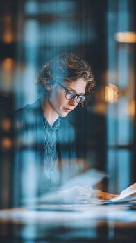 Woman with glasses reading documents in an office setting with blurred window reflections visible around her photo