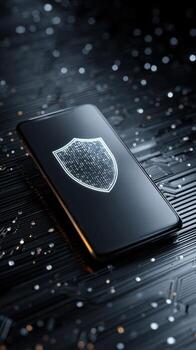 A smartphone displaying a digital shield on its screen for data protection and security concept design photo