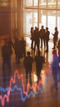 Silhouetted business team in lobby with stock graph overlayed on the foreground of the image view photo